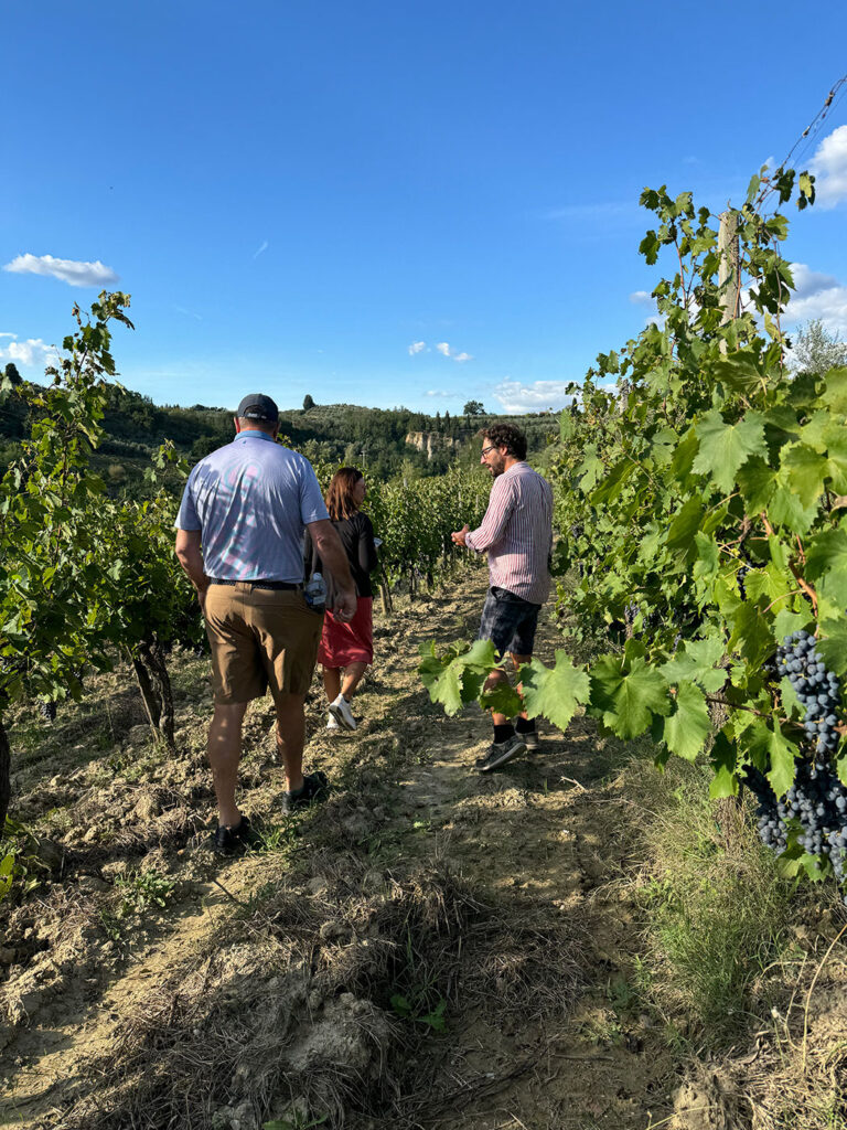 Daniele passeggia tra i suoi vigneti insieme a una coppia di persone in visita alla sua azienda agricola.